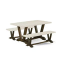 HomeStock 3-Piece Rectangle Distressed Jacobean Finish Solid Wood Top Dining Table with 2-Benches