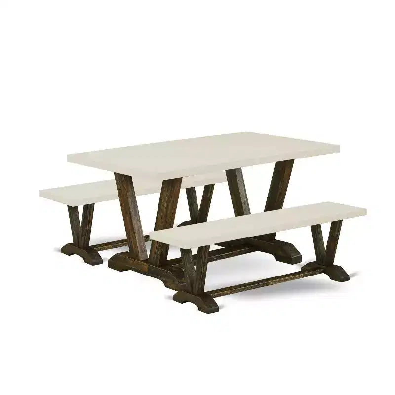 HomeStock 3-Piece Rectangle Distressed Jacobean Finish Solid Wood Top Dining Table with 2-Benches