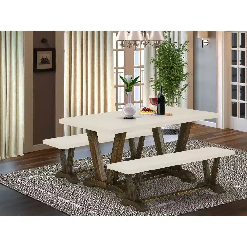 HomeStock 3-Piece Rectangle Distressed Jacobean Finish Solid Wood Top Dining Table with 2-Benches