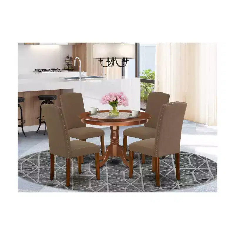 Round Dinette Set 5Pc - 42 Inch Table & 4 Chairs - Linen Fabric - Dark Coffee Finish