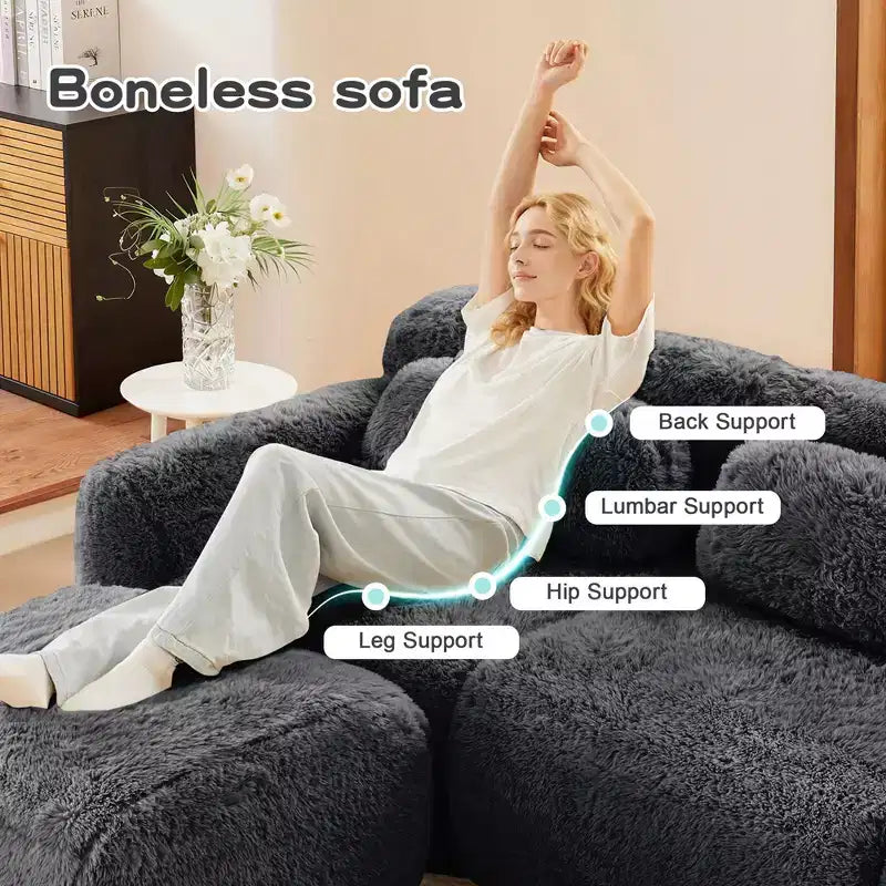 149 inch Light Khaki U-shaped Plush Fabric Boneless Sectional Sofa Couches with Throw Pillows and 2 Ottomans ( Buckle Connection)