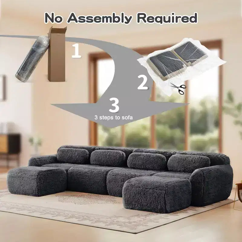 149 inch Light Khaki U-shaped Plush Fabric Boneless Sectional Sofa Couches with Throw Pillows and 2 Ottomans ( Buckle Connection)