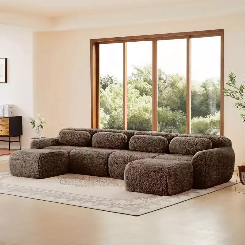149 inch Light Khaki U-shaped Plush Fabric Boneless Sectional Sofa Couches with Throw Pillows and 2 Ottomans ( Buckle Connection)