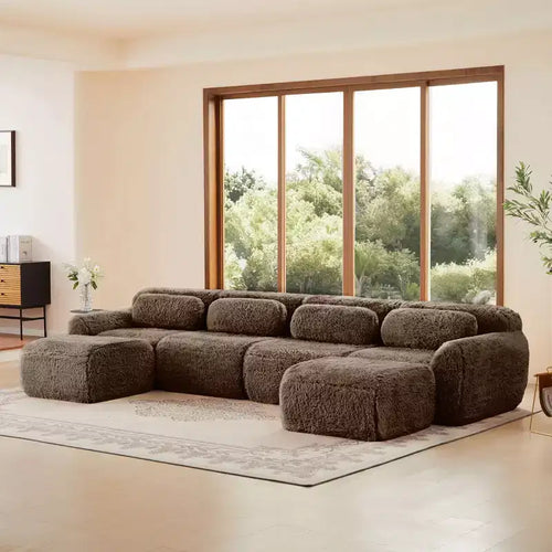 149 inch Light Khaki U-shaped Plush Fabric Boneless Sectional Sofa Couches with Throw Pillows and 2 Ottomans ( Buckle Connection)