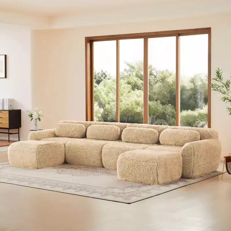 149 inch Light Khaki U-shaped Plush Fabric Boneless Sectional Sofa Couches with Throw Pillows and 2 Ottomans ( Buckle Connection)