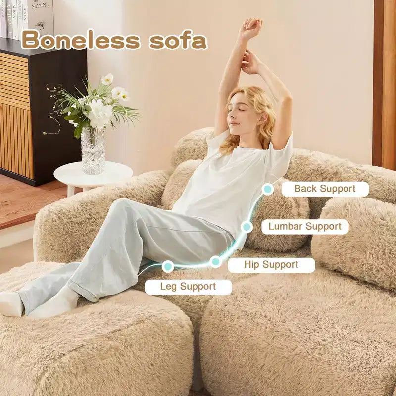 149 inch Light Khaki U-shaped Plush Fabric Boneless Sectional Sofa Couches with Throw Pillows and 2 Ottomans ( Buckle Connection)