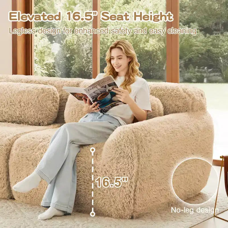 149 inch Light Khaki U-shaped Plush Fabric Boneless Sectional Sofa Couches with Throw Pillows and 2 Ottomans ( Buckle Connection)