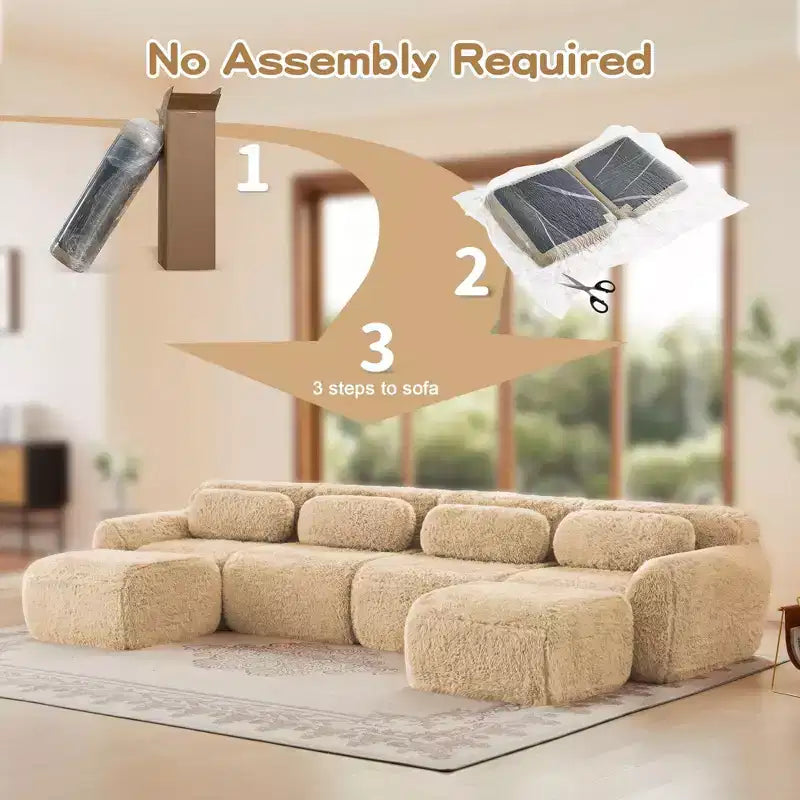 149 inch Light Khaki U-shaped Plush Fabric Boneless Sectional Sofa Couches with Throw Pillows and 2 Ottomans ( Buckle Connection)