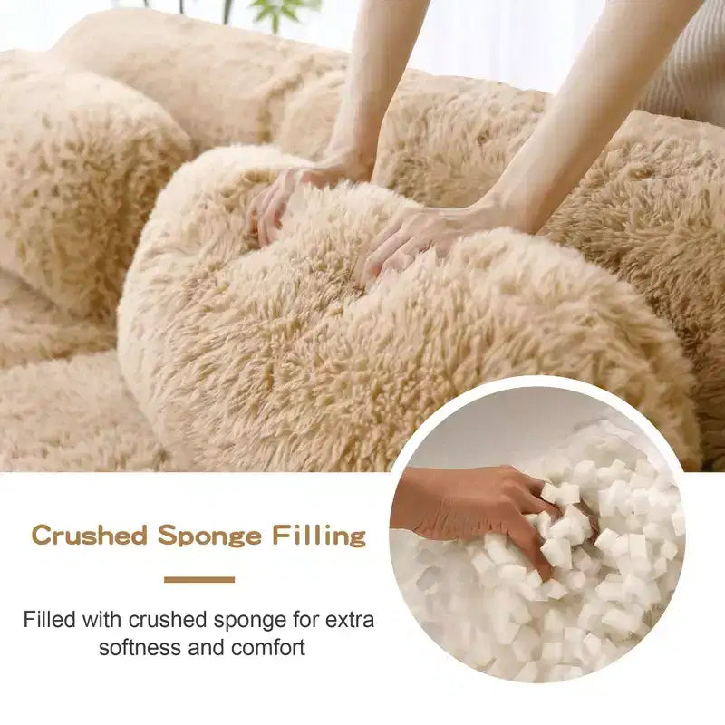 149 inch Light Khaki U-shaped Plush Fabric Boneless Sectional Sofa Couches with Throw Pillows and 2 Ottomans ( Buckle Connection)