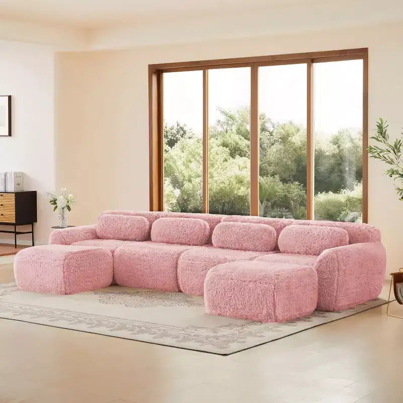 149 inch Light Khaki U-shaped Plush Fabric Boneless Sectional Sofa Couches with Throw Pillows and 2 Ottomans ( Buckle Connection)