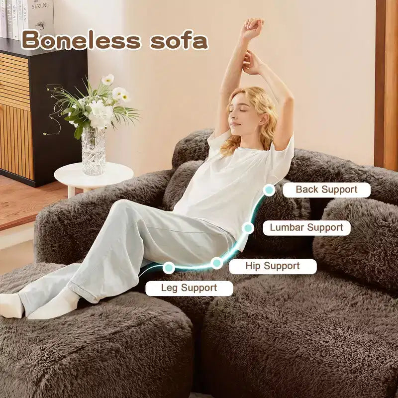 149 inch Light Khaki U-shaped Plush Fabric Boneless Sectional Sofa Couches with Throw Pillows and 2 Ottomans ( Buckle Connection)