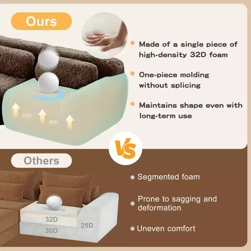 149 inch Light Khaki U-shaped Plush Fabric Boneless Sectional Sofa Couches with Throw Pillows and 2 Ottomans ( Buckle Connection)
