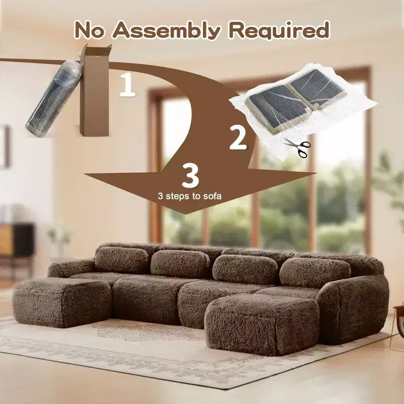 149 inch Light Khaki U-shaped Plush Fabric Boneless Sectional Sofa Couches with Throw Pillows and 2 Ottomans ( Buckle Connection)