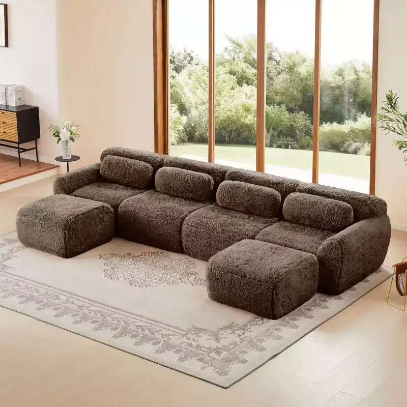 149 inch Light Khaki U-shaped Plush Fabric Boneless Sectional Sofa Couches with Throw Pillows and 2 Ottomans ( Buckle Connection)
