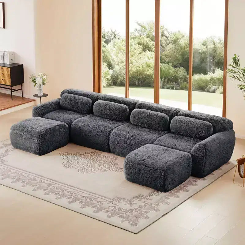149 inch Light Khaki U-shaped Plush Fabric Boneless Sectional Sofa Couches with Throw Pillows and 2 Ottomans ( Buckle Connection)