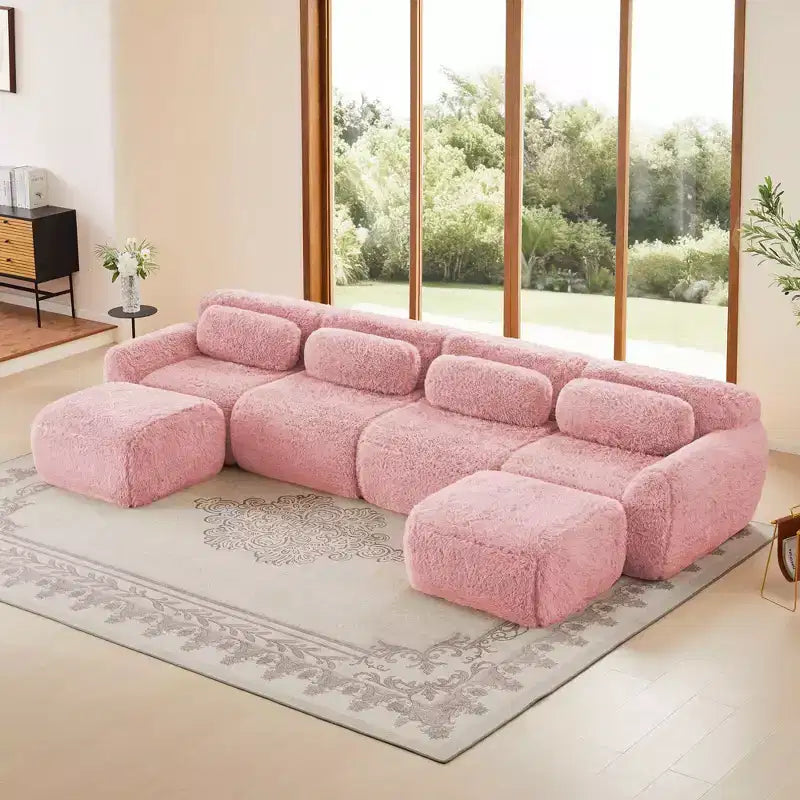 149 inch Light Khaki U-shaped Plush Fabric Boneless Sectional Sofa Couches with Throw Pillows and 2 Ottomans ( Buckle Connection)