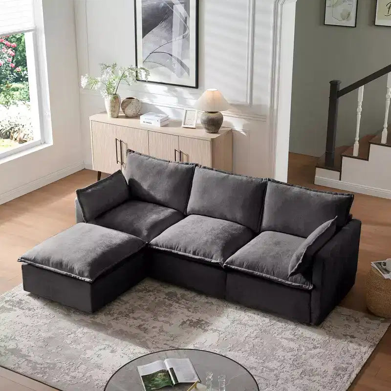 GDFStudio Sewell Modern L-Shaped Faux Linen 4-Seater Sofa with Movable Ottoman