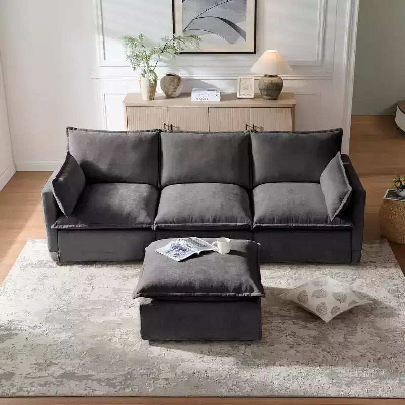 GDFStudio Sewell Modern L-Shaped Faux Linen 4-Seater Sofa with Movable Ottoman
