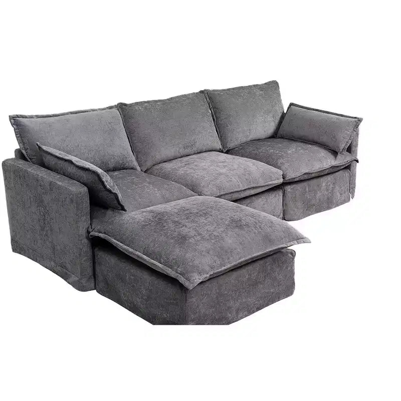 GDFStudio Sewell Modern L-Shaped Faux Linen 4-Seater Sofa with Movable Ottoman