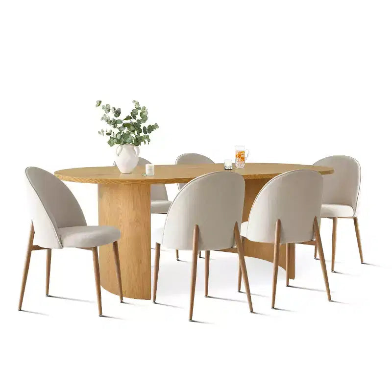 7-Piece Oval Dining Set, 6 Upholstered Curved Back Chairs and 79 Wood-Look Table for Modern Kitchen or Dining Room-Panipeachy