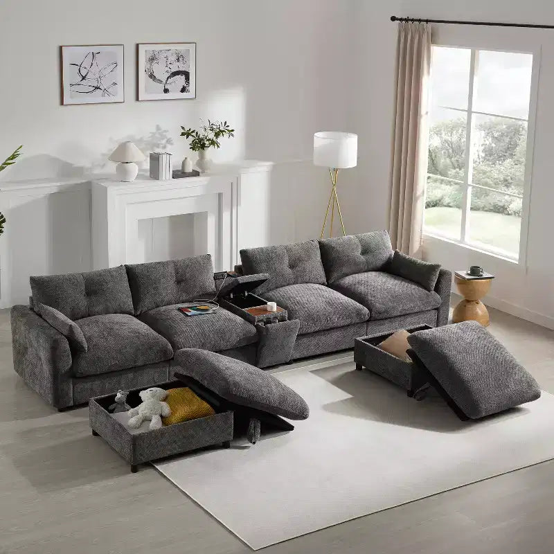 GDFStudio Parker Modern 136 Chenille U-Shaped Modular Sectional Sofa with Two Storage Ottomans and Multifunction Console