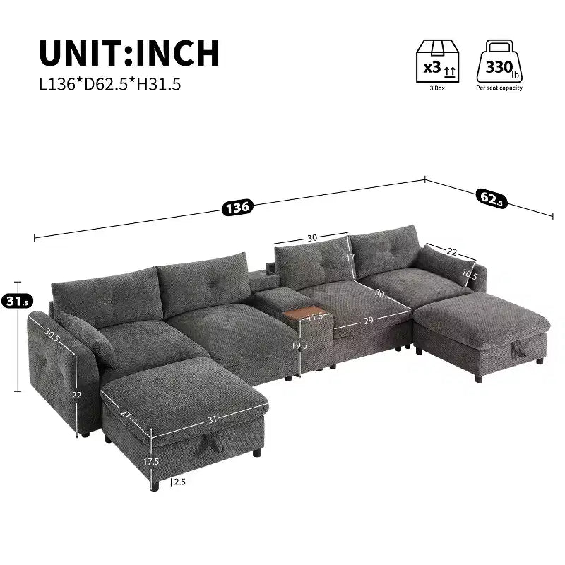 GDFStudio Parker Modern 136 Chenille U-Shaped Modular Sectional Sofa with Two Storage Ottomans and Multifunction Console