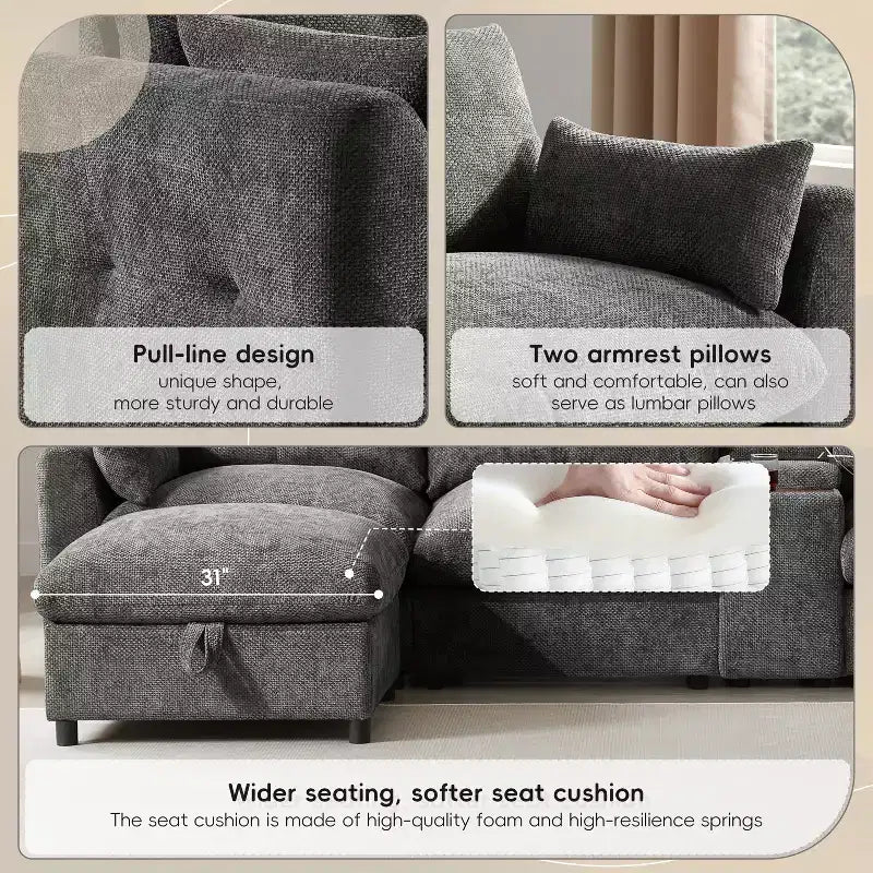GDFStudio Parker Modern 136 Chenille U-Shaped Modular Sectional Sofa with Two Storage Ottomans and Multifunction Console