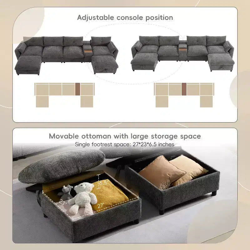 GDFStudio Parker Modern 136 Chenille U-Shaped Modular Sectional Sofa with Two Storage Ottomans and Multifunction Console
