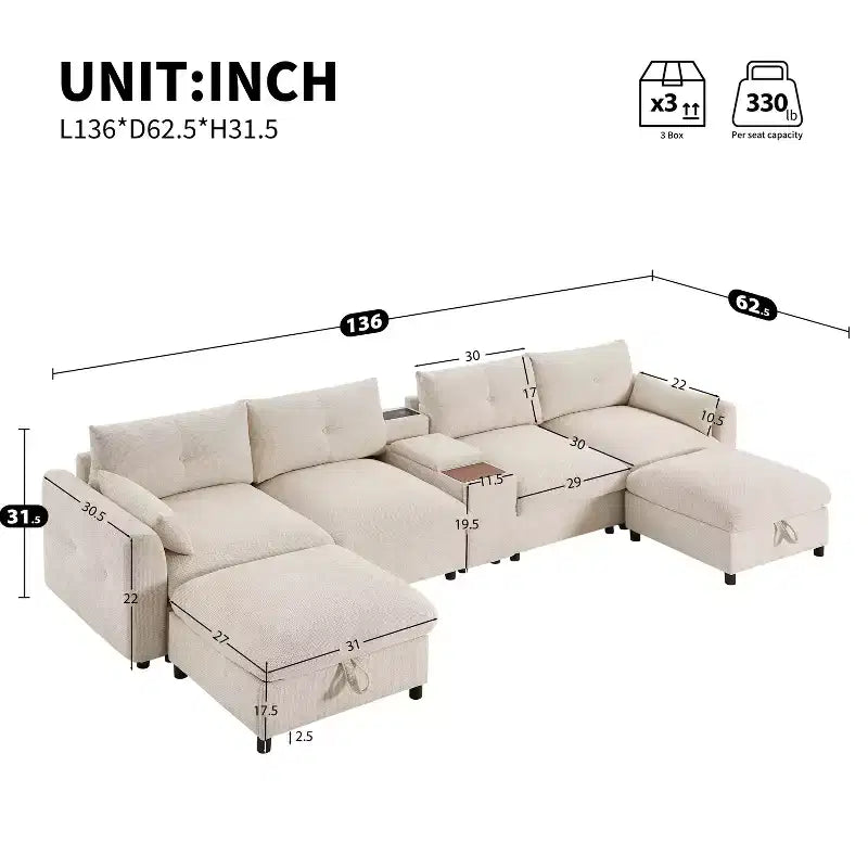 GDFStudio Parker Modern 136 Chenille U-Shaped Modular Sectional Sofa with Two Storage Ottomans and Multifunction Console