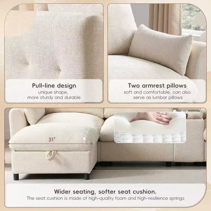 GDFStudio Parker Modern 136 Chenille U-Shaped Modular Sectional Sofa with Two Storage Ottomans and Multifunction Console