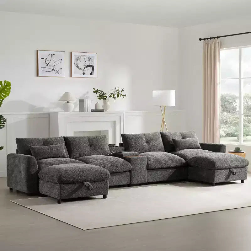 GDFStudio Parker Modern 136 Chenille U-Shaped Modular Sectional Sofa with Two Storage Ottomans and Multifunction Console