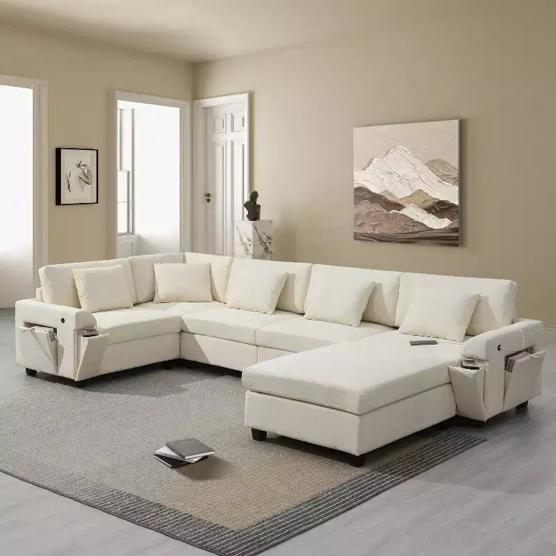 GDFStudio Ira Modern 128 Chenille U-Shaped Sectional Sofa with Ottoman, Hidden Storage and Dual Charging Ports