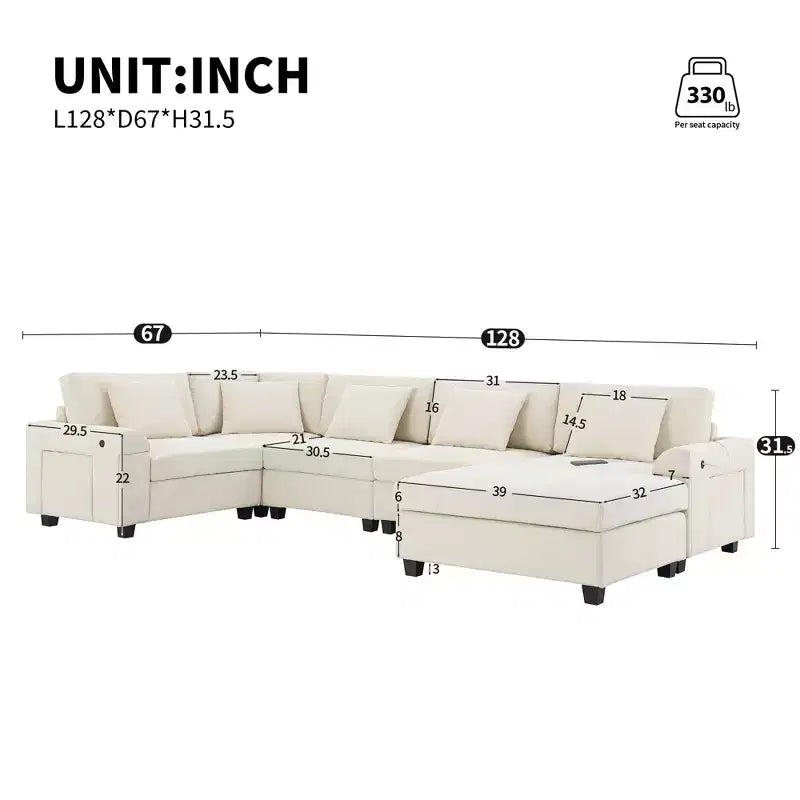 GDFStudio Ira Modern 128 Chenille U-Shaped Sectional Sofa with Ottoman, Hidden Storage and Dual Charging Ports