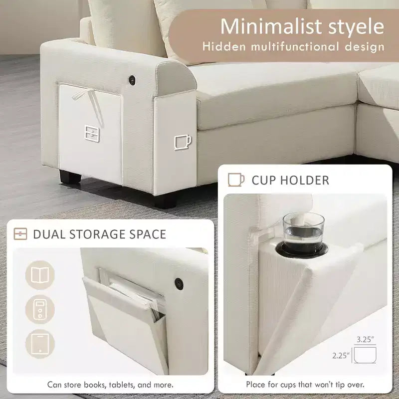 GDFStudio Ira Modern 128 Chenille U-Shaped Sectional Sofa with Ottoman, Hidden Storage and Dual Charging Ports
