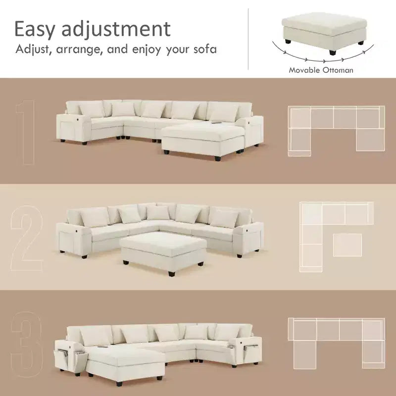 GDFStudio Ira Modern 128 Chenille U-Shaped Sectional Sofa with Ottoman, Hidden Storage and Dual Charging Ports