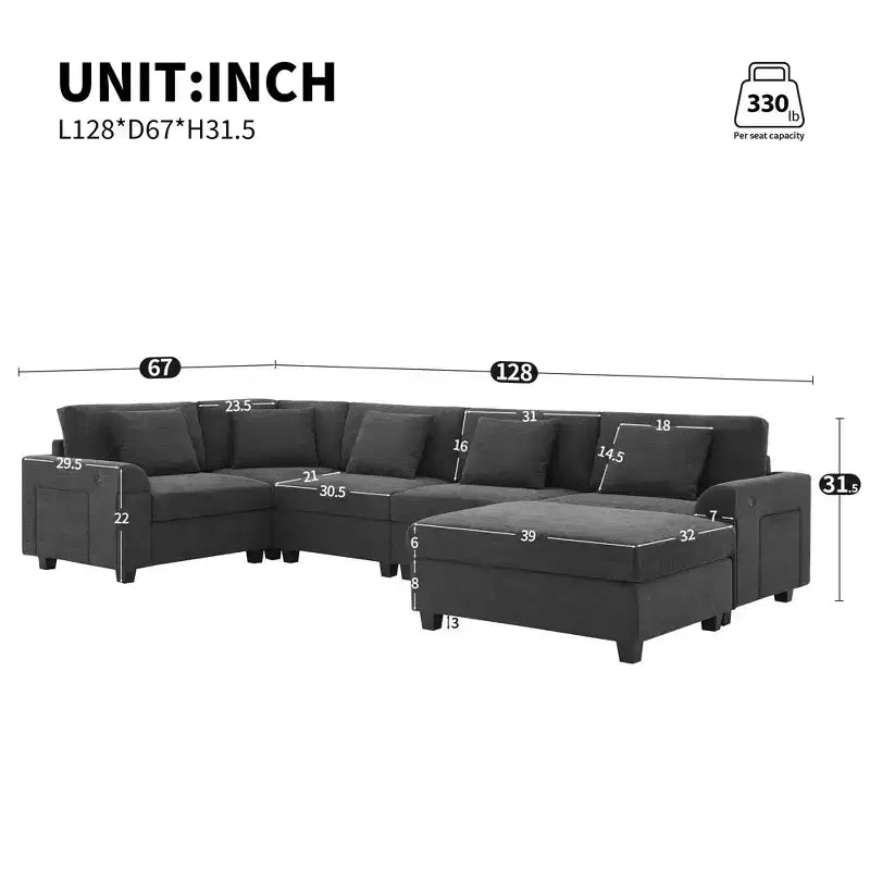 GDFStudio Ira Modern 128 Chenille U-Shaped Sectional Sofa with Ottoman, Hidden Storage and Dual Charging Ports