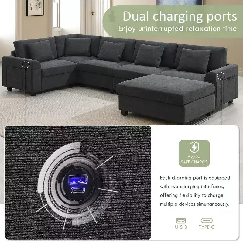 GDFStudio Ira Modern 128 Chenille U-Shaped Sectional Sofa with Ottoman, Hidden Storage and Dual Charging Ports
