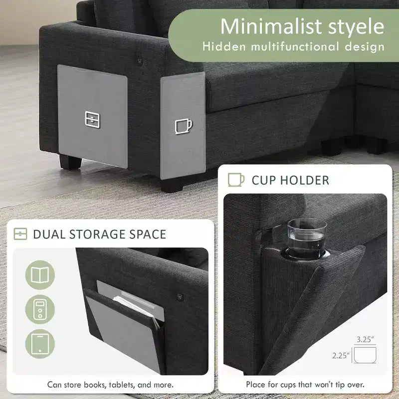 GDFStudio Ira Modern 128 Chenille U-Shaped Sectional Sofa with Ottoman, Hidden Storage and Dual Charging Ports