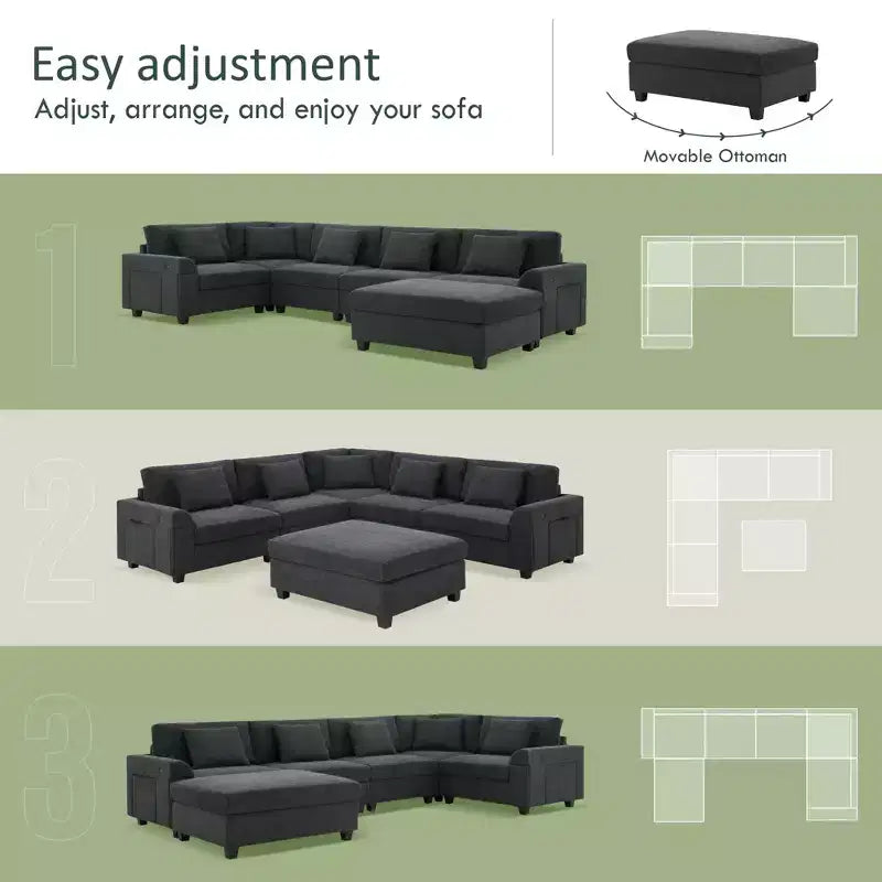 GDFStudio Ira Modern 128 Chenille U-Shaped Sectional Sofa with Ottoman, Hidden Storage and Dual Charging Ports