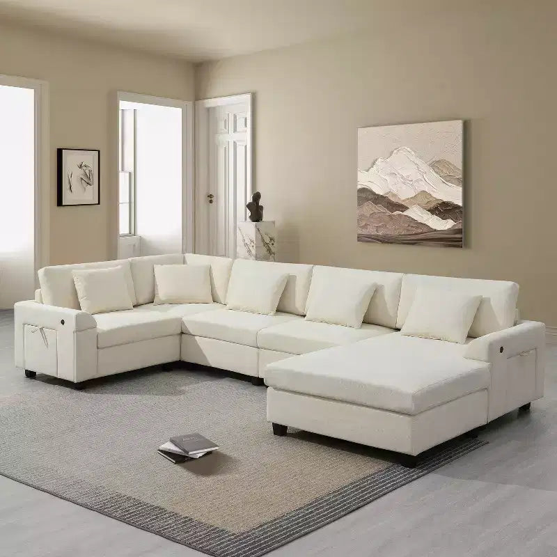 GDFStudio Ira Modern 128 Chenille U-Shaped Sectional Sofa with Ottoman, Hidden Storage and Dual Charging Ports
