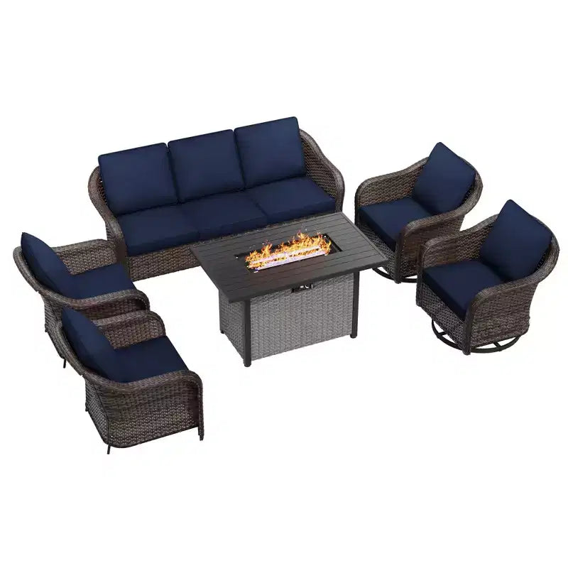 UPTIOT 6-Piece Outdoor Set with 3-Seat Sofa, 2 Swivel Chairs, 2 Single Chairs & 50,000 BTU Brown Fire Table