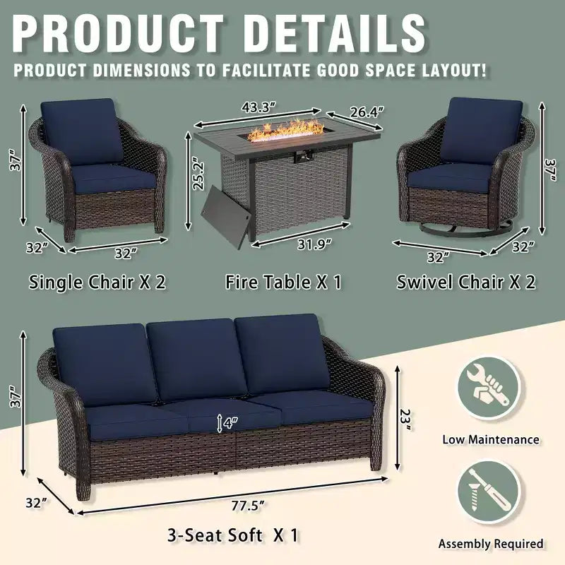 UPTIOT 6-Piece Outdoor Set with 3-Seat Sofa, 2 Swivel Chairs, 2 Single Chairs & 50,000 BTU Brown Fire Table