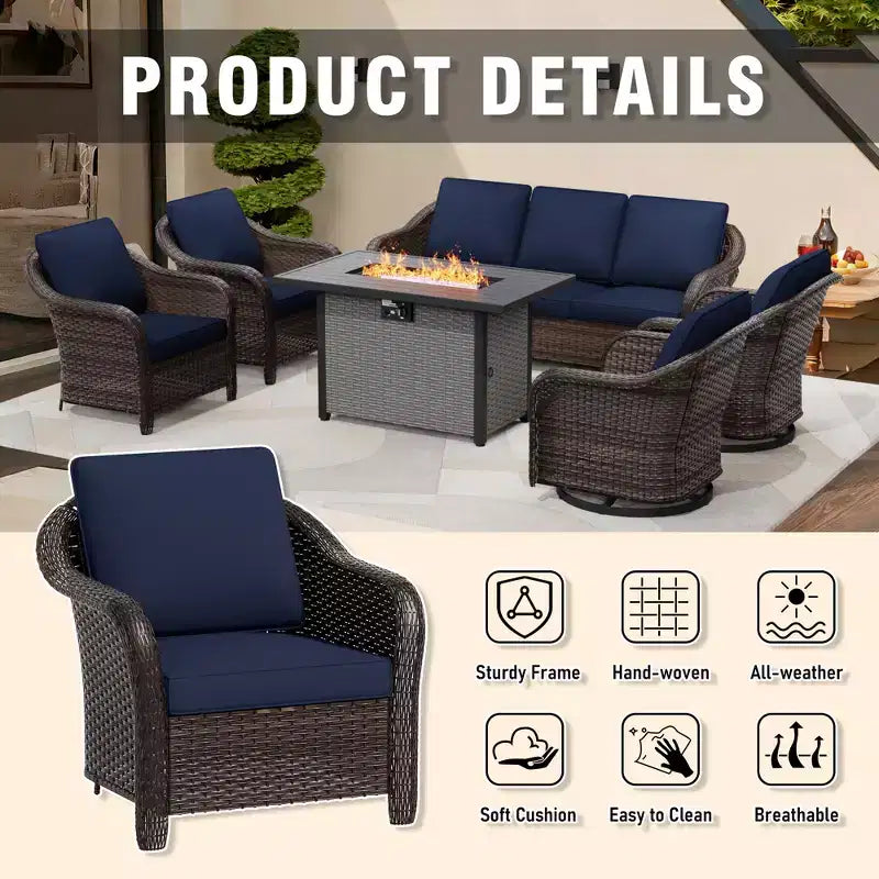 UPTIOT 6-Piece Outdoor Set with 3-Seat Sofa, 2 Swivel Chairs, 2 Single Chairs & 50,000 BTU Brown Fire Table