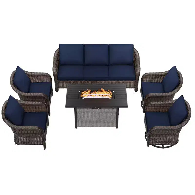UPTIOT 6-Piece Outdoor Set with 3-Seat Sofa, 2 Swivel Chairs, 2 Single Chairs & 50,000 BTU Brown Fire Table