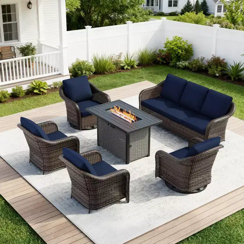 UPTIOT 6-Piece Outdoor Set with 3-Seat Sofa, 2 Swivel Chairs, 2 Single Chairs & 50,000 BTU Brown Fire Table