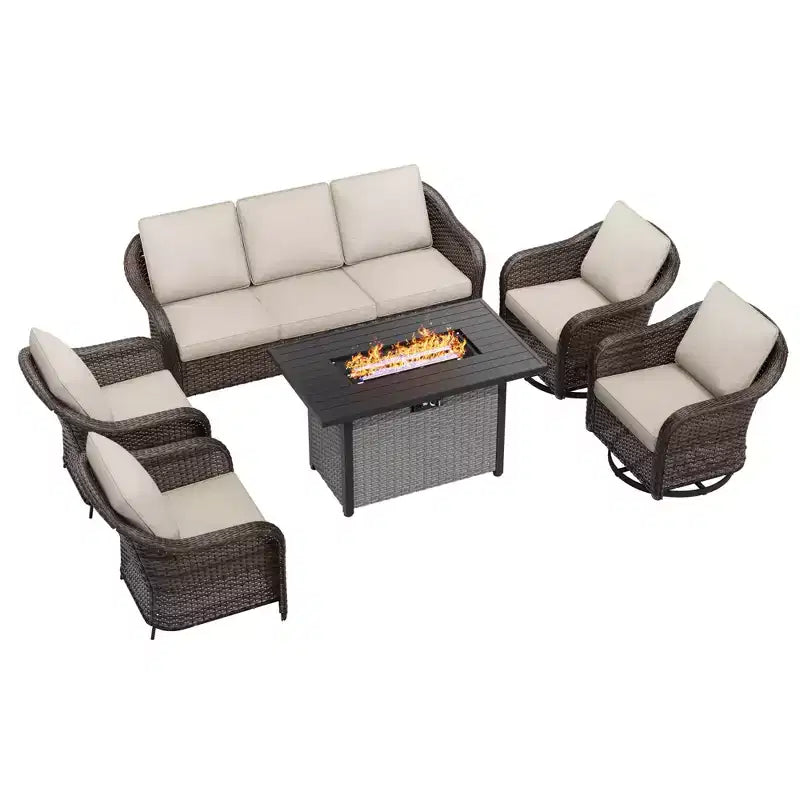UPTIOT 6-Piece Outdoor Set with 3-Seat Sofa, 2 Swivel Chairs, 2 Single Chairs & 50,000 BTU Brown Fire Table