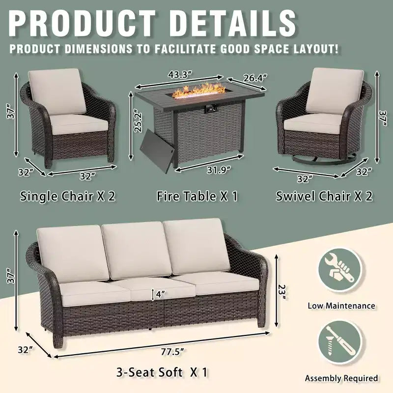 UPTIOT 6-Piece Outdoor Set with 3-Seat Sofa, 2 Swivel Chairs, 2 Single Chairs & 50,000 BTU Brown Fire Table