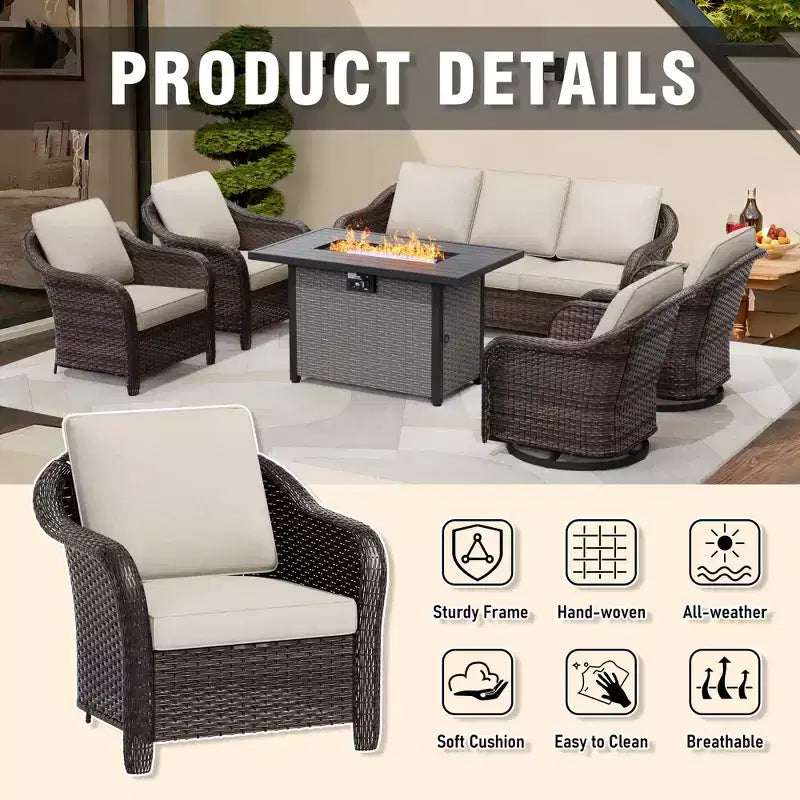 UPTIOT 6-Piece Outdoor Set with 3-Seat Sofa, 2 Swivel Chairs, 2 Single Chairs & 50,000 BTU Brown Fire Table