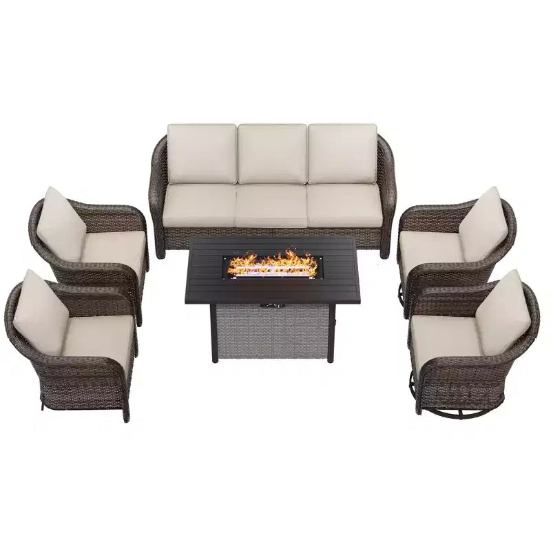 UPTIOT 6-Piece Outdoor Set with 3-Seat Sofa, 2 Swivel Chairs, 2 Single Chairs & 50,000 BTU Brown Fire Table