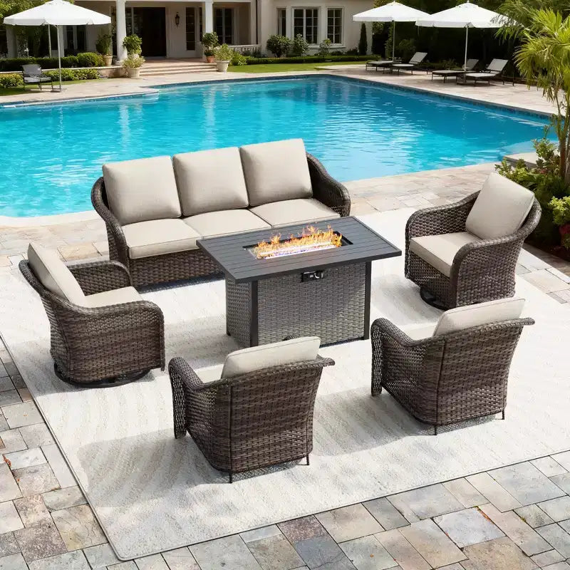 UPTIOT 6-Piece Outdoor Set with 3-Seat Sofa, 2 Swivel Chairs, 2 Single Chairs & 50,000 BTU Brown Fire Table
